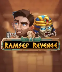 Explore the thrilling world of the Ramses' Revenge game by Relax Gaming, featuring a surprised explorer and a menacing mummy amid an Egyptian tomb backdrop. This image portrays the drama of Egyptian archaeology, perfect for adventure seekers, providing a captivating escape. 